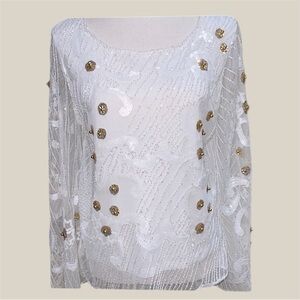 Juliette Opalescent White Gold Bead & Sequin Top Special Occasion Fairycore Sz S